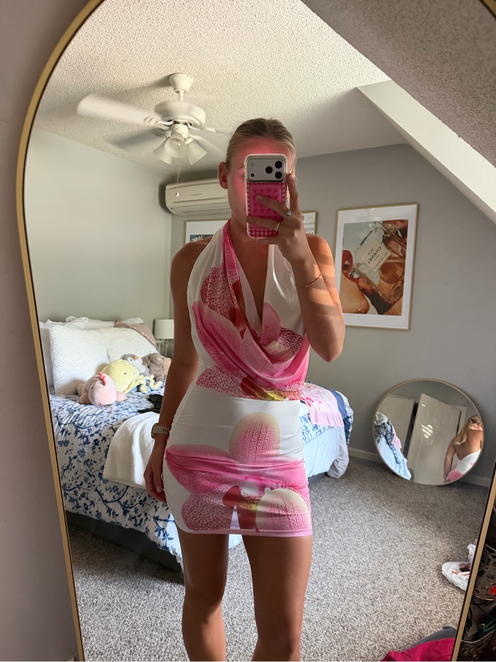 SHEIN White Halter Mini Dress with Pink Floral Print